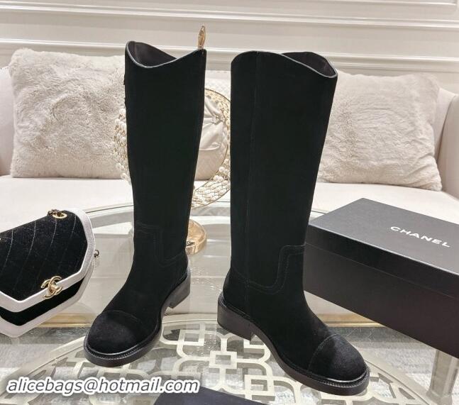 Duplicate Chanel Suede Medium Boots 4cm with Side CC Black 1120043