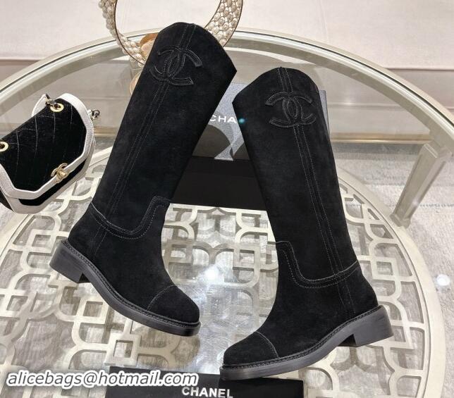 Duplicate Chanel Suede Medium Boots 4cm with Side CC Black 1120043