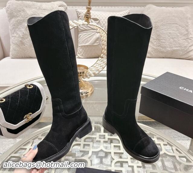 Duplicate Chanel Suede Medium Boots 4cm with Side CC Black 1120043