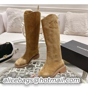 AAAAA Chanel Suede Medium Boots 4cm with Side CC Dark Beige 120044