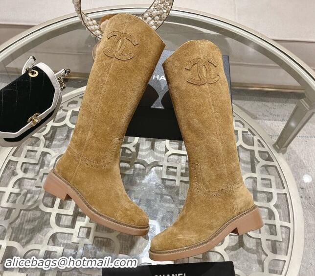 AAAAA Chanel Suede Medium Boots 4cm with Side CC Dark Beige 120044