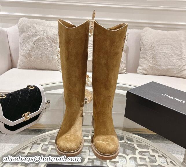 AAAAA Chanel Suede Medium Boots 4cm with Side CC Dark Beige 120044