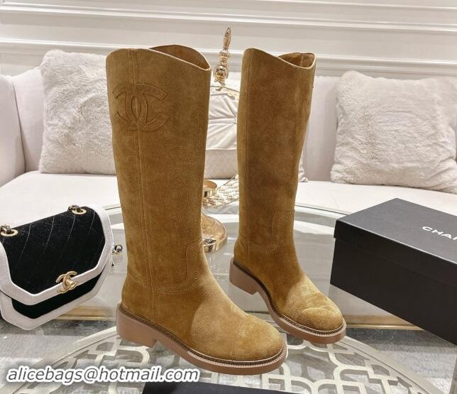 AAAAA Chanel Suede Medium Boots 4cm with Side CC Dark Beige 120044