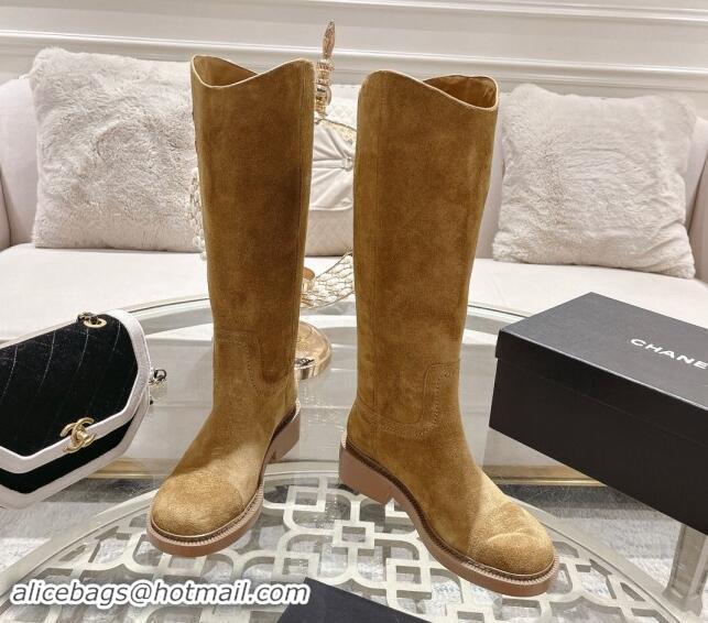 AAAAA Chanel Suede Medium Boots 4cm with Side CC Dark Beige 120044