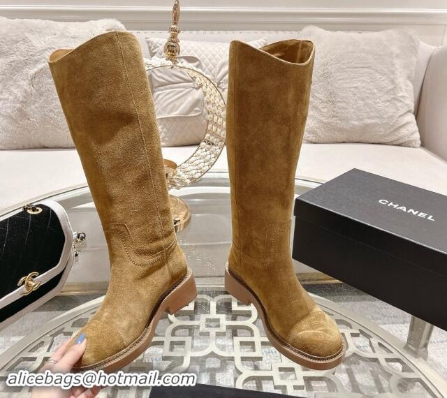 AAAAA Chanel Suede Medium Boots 4cm with Side CC Dark Beige 120044