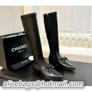 Buy Duplicate Chanel Stretch Lambskin High Boots Flat with Bow Black 120045