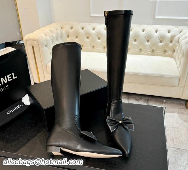 Buy Duplicate Chanel Stretch Lambskin High Boots Flat with Bow Black 120045