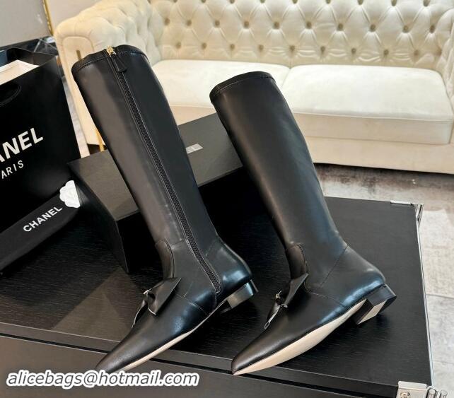 Buy Duplicate Chanel Stretch Lambskin High Boots Flat with Bow Black 120045