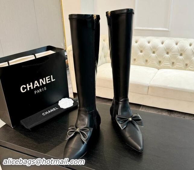 Buy Duplicate Chanel Stretch Lambskin High Boots Flat with Bow Black 120045