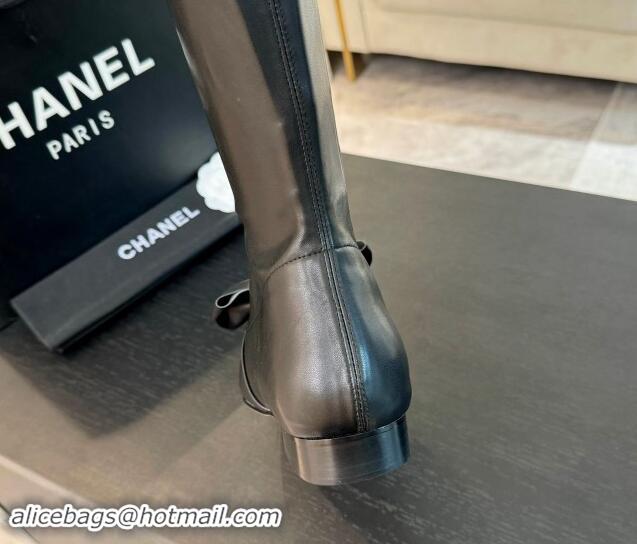 Buy Duplicate Chanel Stretch Lambskin High Boots Flat with Bow Black 120045