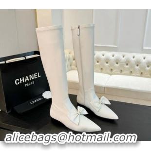 Reasonable Price Chanel Stretch Lambskin High Boots Flat with Bow White 1120046