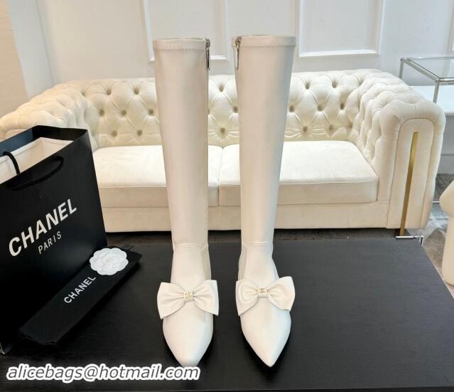 Reasonable Price Chanel Stretch Lambskin High Boots Flat with Bow White 1120046