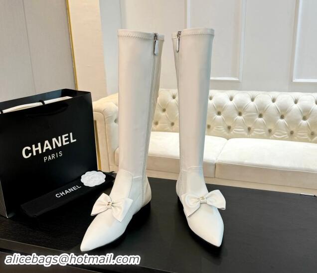 Reasonable Price Chanel Stretch Lambskin High Boots Flat with Bow White 1120046