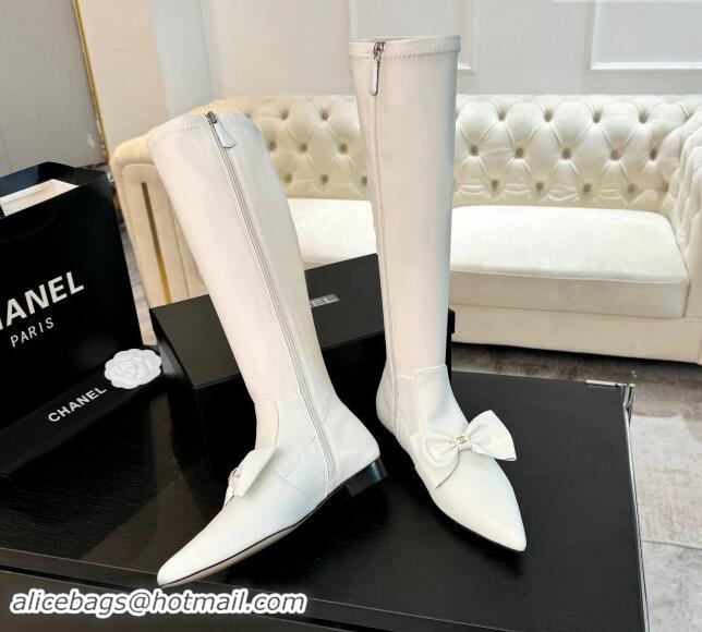 Reasonable Price Chanel Stretch Lambskin High Boots Flat with Bow White 1120046