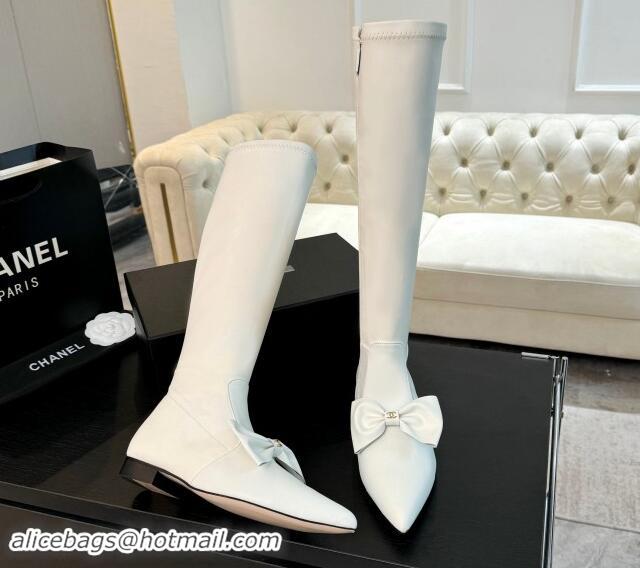 Reasonable Price Chanel Stretch Lambskin High Boots Flat with Bow White 1120046