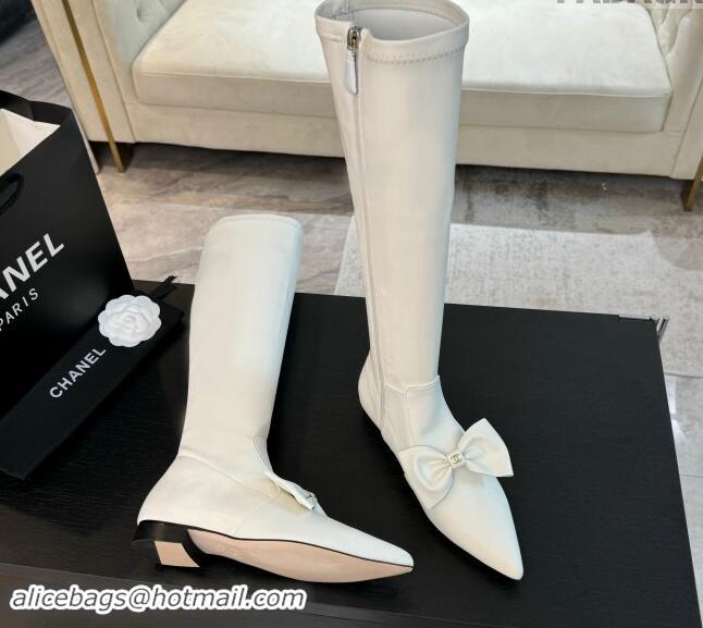 Reasonable Price Chanel Stretch Lambskin High Boots Flat with Bow White 1120046