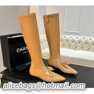 Elegant Chanel Stretch Lambskin High Boots Flat with Bow Light Brown 1120047