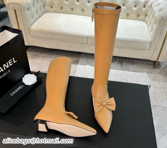 Elegant Chanel Stretch Lambskin High Boots Flat with Bow Light Brown 1120047