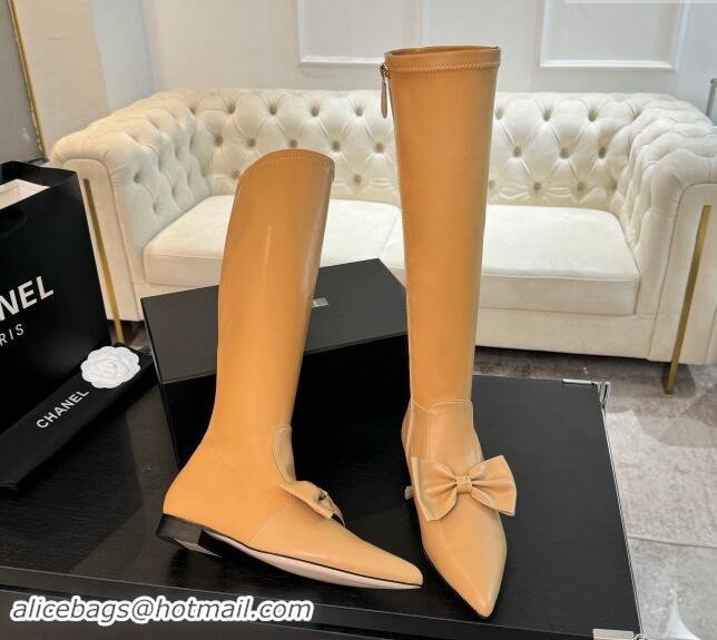 Elegant Chanel Stretch Lambskin High Boots Flat with Bow Light Brown 1120047