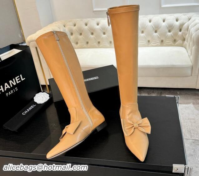 Elegant Chanel Stretch Lambskin High Boots Flat with Bow Light Brown 1120047