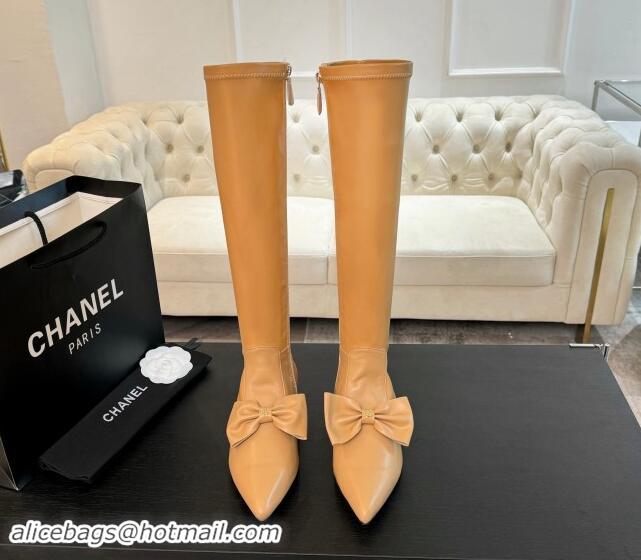 Elegant Chanel Stretch Lambskin High Boots Flat with Bow Light Brown 1120047