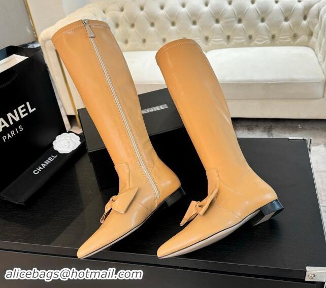 Elegant Chanel Stretch Lambskin High Boots Flat with Bow Light Brown 1120047