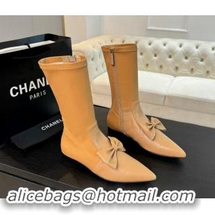 Custom Chanel Stretch Lambskin Ankle Boots Flat with Bow Light Brown 1120048