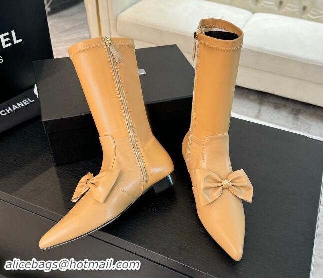 Custom Chanel Stretch Lambskin Ankle Boots Flat with Bow Light Brown 1120048