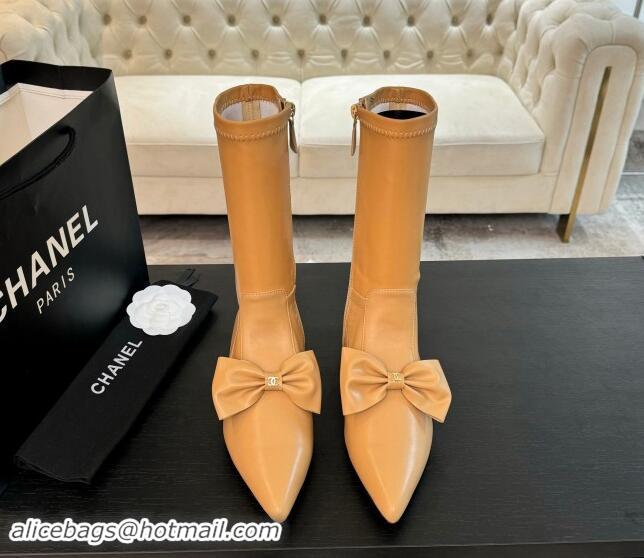 Custom Chanel Stretch Lambskin Ankle Boots Flat with Bow Light Brown 1120048