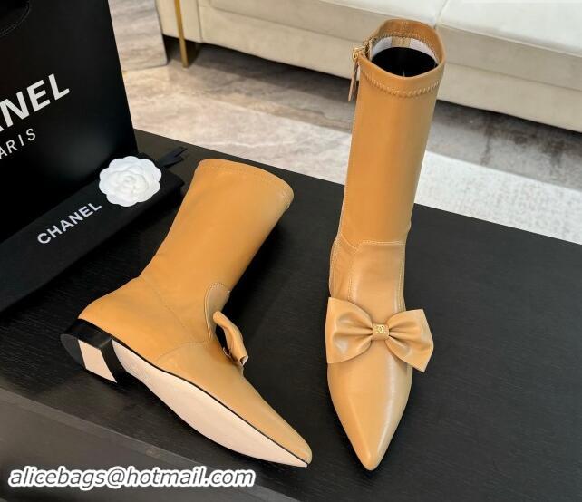 Custom Chanel Stretch Lambskin Ankle Boots Flat with Bow Light Brown 1120048