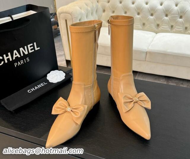 Custom Chanel Stretch Lambskin Ankle Boots Flat with Bow Light Brown 1120048