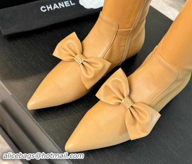 Custom Chanel Stretch Lambskin Ankle Boots Flat with Bow Light Brown 1120048