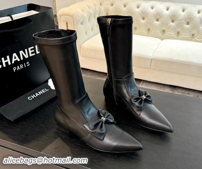 Buy Cheap Chanel Stretch Lambskin Ankle Boots Flat with Bow Black G45911 120049