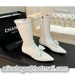 Low Cost Chanel Stretch Lambskin Ankle Boots Flat with Bow White G45911 120050