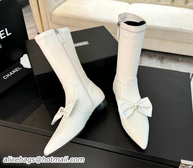 Low Cost Chanel Stretch Lambskin Ankle Boots Flat with Bow White G45911 120050