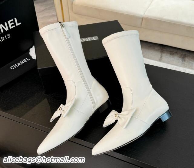 Low Cost Chanel Stretch Lambskin Ankle Boots Flat with Bow White G45911 120050