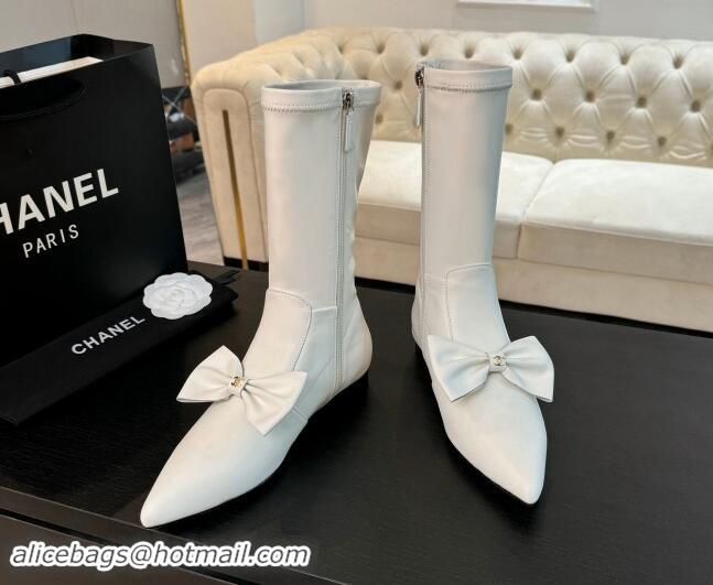 Low Cost Chanel Stretch Lambskin Ankle Boots Flat with Bow White G45911 120050