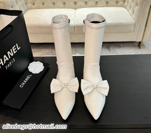 Low Cost Chanel Stretch Lambskin Ankle Boots Flat with Bow White G45911 120050