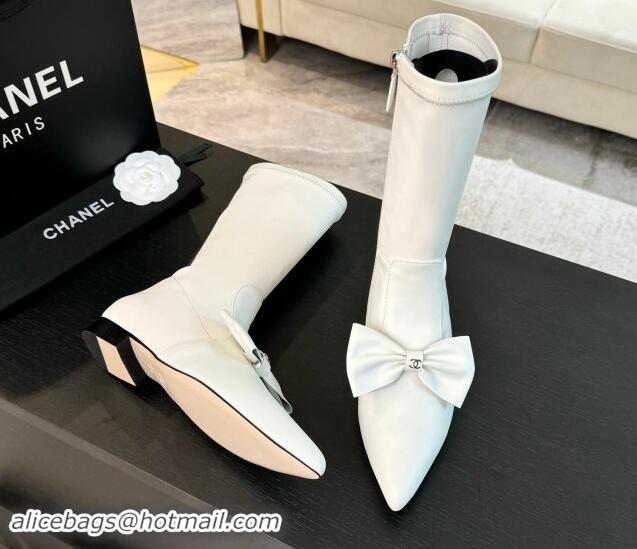 Low Cost Chanel Stretch Lambskin Ankle Boots Flat with Bow White G45911 120050