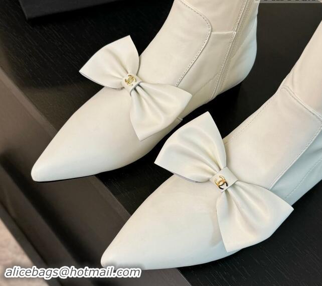 Low Cost Chanel Stretch Lambskin Ankle Boots Flat with Bow White G45911 120050