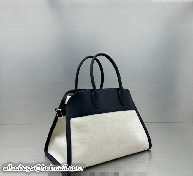 Top Grade The Row Margaux 15 Medium Tote Bag in Canvas and Leather 1831 White/Black 2024