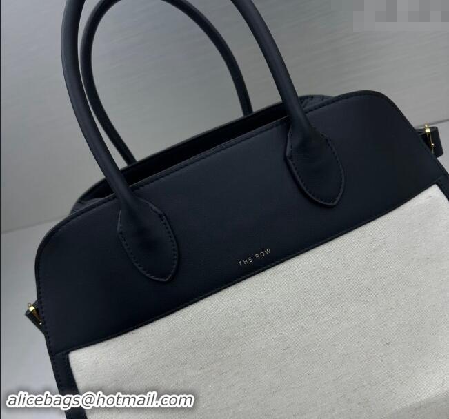 Top Grade The Row Margaux 15 Medium Tote Bag in Canvas and Leather 1831 White/Black 2024