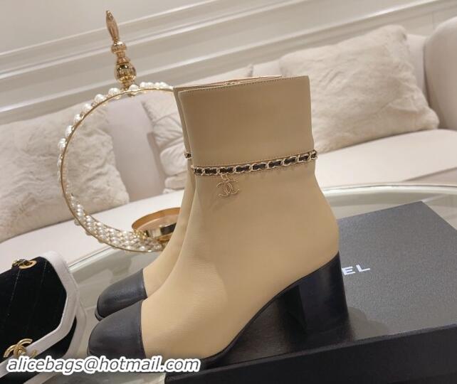 Perfect Chanel Calfskin Leather Heel Ankle Boots with Chain Beige 1120051