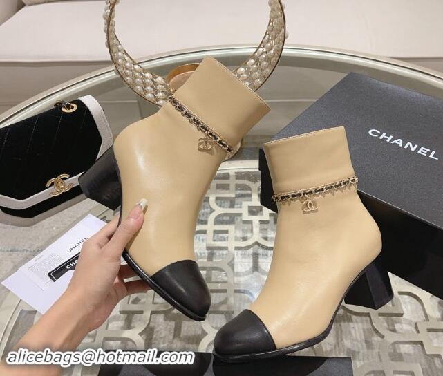 Perfect Chanel Calfskin Leather Heel Ankle Boots with Chain Beige 1120051