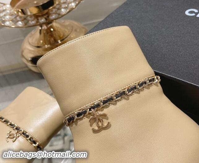 Perfect Chanel Calfskin Leather Heel Ankle Boots with Chain Beige 1120051