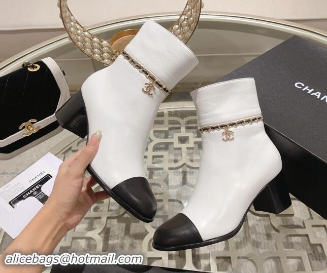 Unique Style Chanel Calfskin Leather Heel Ankle Boots with Chain White 1120052