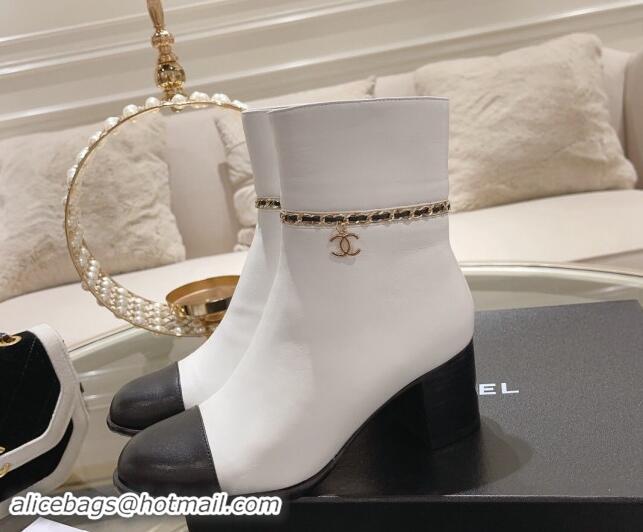 Unique Style Chanel Calfskin Leather Heel Ankle Boots with Chain White 1120052