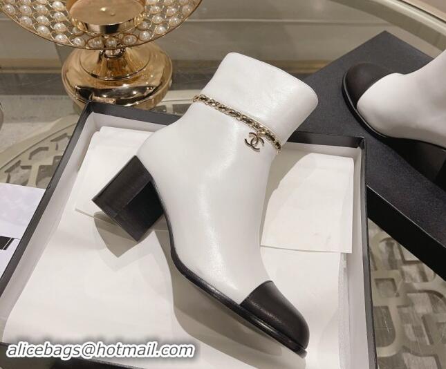 Unique Style Chanel Calfskin Leather Heel Ankle Boots with Chain White 1120052