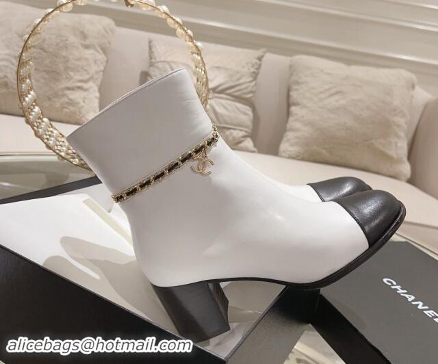 Unique Style Chanel Calfskin Leather Heel Ankle Boots with Chain White 1120052