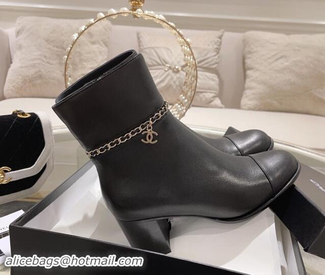 Top Grade Chanel Calfskin Leather Heel Ankle Boots with Chain Black 1120053